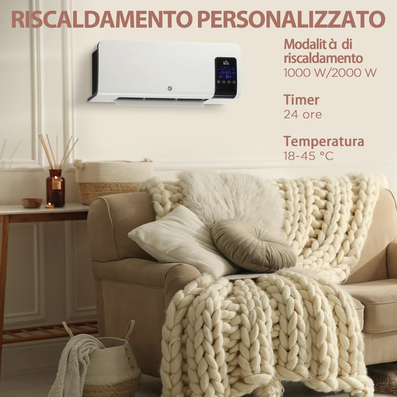 Chauffage soufflant oscillant mural EasyComfort avec minuterie 12 heures et 2 modes de chauffage, 54,5 x 12 x 21,5 cm, blanc