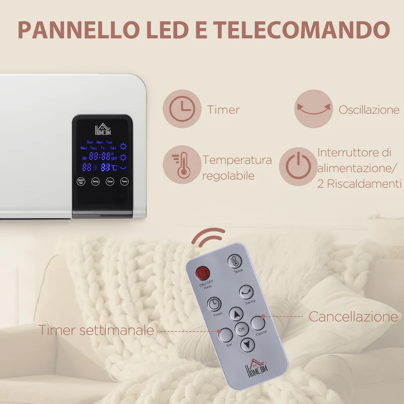 Chauffage soufflant oscillant mural EasyComfort avec minuterie 12 heures et 2 modes de chauffage, 54,5 x 12 x 21,5 cm, blanc