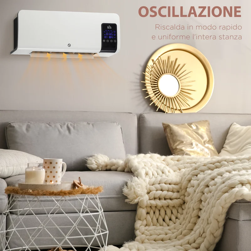 Chauffage soufflant oscillant mural EasyComfort avec minuterie 12 heures et 2 modes de chauffage, 54,5 x 12 x 21,5 cm, blanc