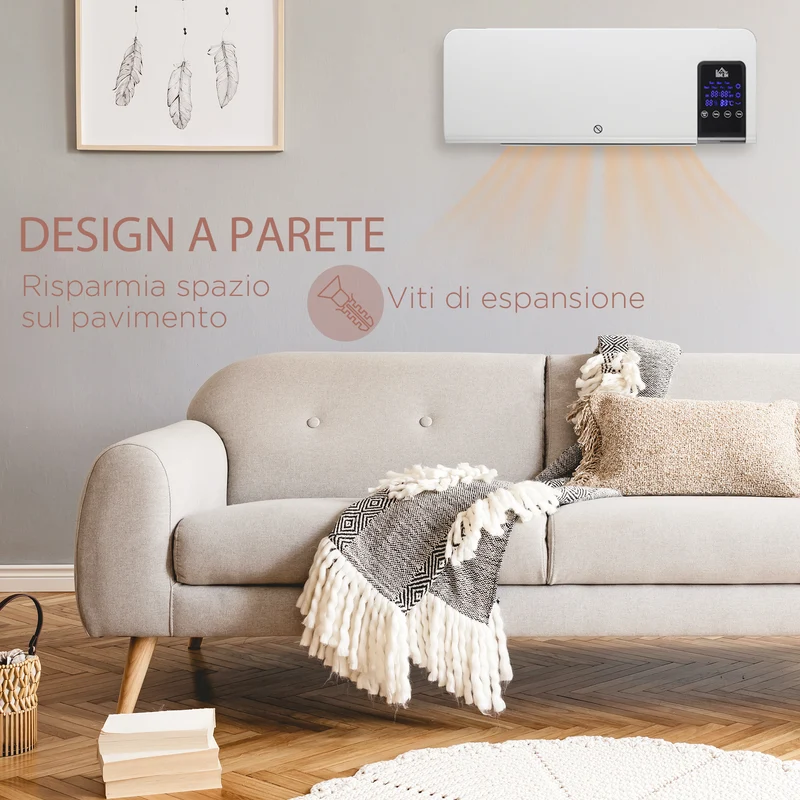 Chauffage soufflant oscillant mural EasyComfort avec minuterie 12 heures et 2 modes de chauffage, 54,5 x 12 x 21,5 cm, blanc