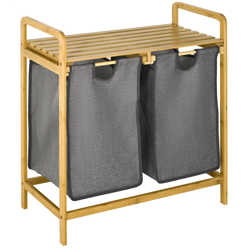 Panier à linge Easycomfort en bambou avec double panier amovible et étagère à lattes, 63,5 x 33 x 73 cm, gris