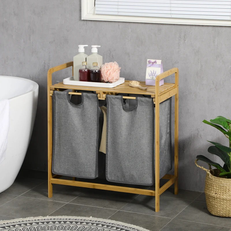 Panier à linge Easycomfort en bambou avec double panier amovible et étagère à lattes, 63,5 x 33 x 73 cm, gris