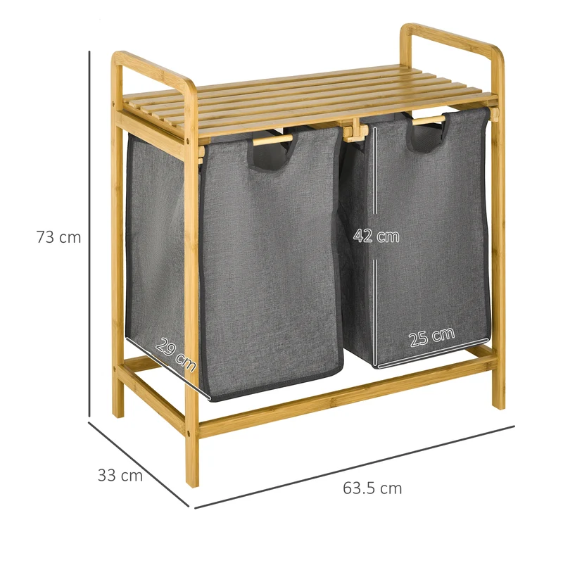 Panier à linge Easycomfort en bambou avec double panier amovible et étagère à lattes, 63,5 x 33 x 73 cm, gris