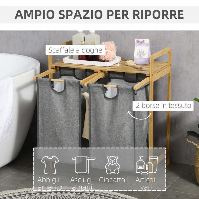 Panier à linge Easycomfort en bambou avec double panier amovible et étagère à lattes, 63,5 x 33 x 73 cm, gris