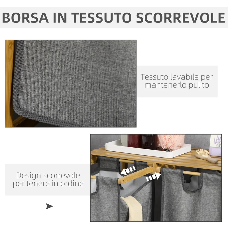 Panier à linge Easycomfort en bambou avec double panier amovible et étagère à lattes, 63,5 x 33 x 73 cm, gris