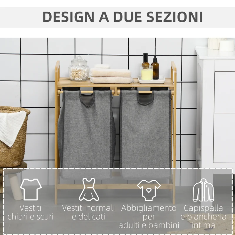 Panier à linge Easycomfort en bambou avec double panier amovible et étagère à lattes, 63,5 x 33 x 73 cm, gris