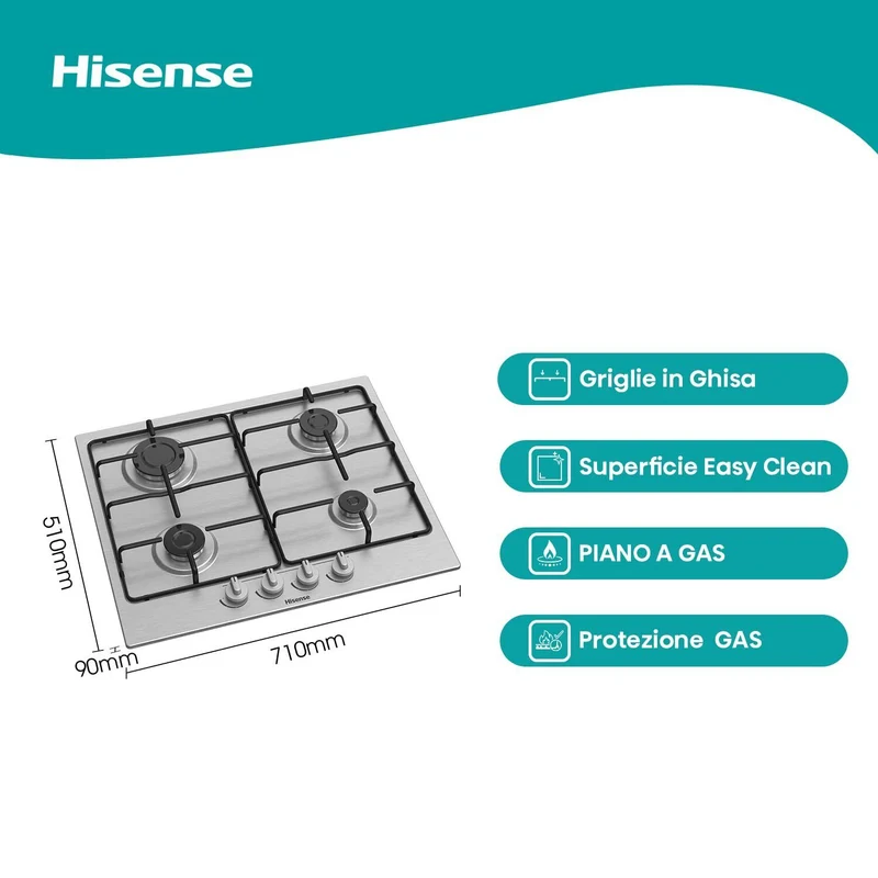 Plaque de cuisson à gaz Hisense GM642XF 4 brûleurs (L61 x P51) Acier