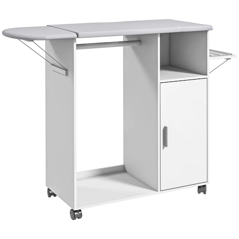 Table à repasser mobile Easycomfort avec surface de support, 3 étagères cubiques et barre de maintien, 107 x 42,5 x 99 cm, blanche