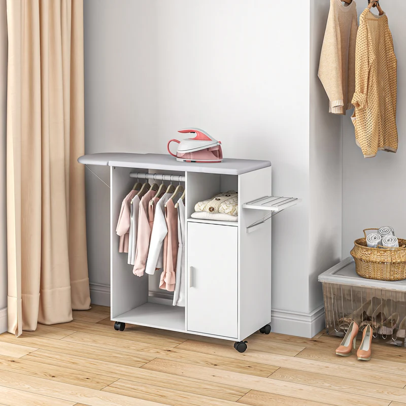 Table à repasser mobile Easycomfort avec surface de support, 3 étagères cubiques et barre de maintien, 107 x 42,5 x 99 cm, blanche