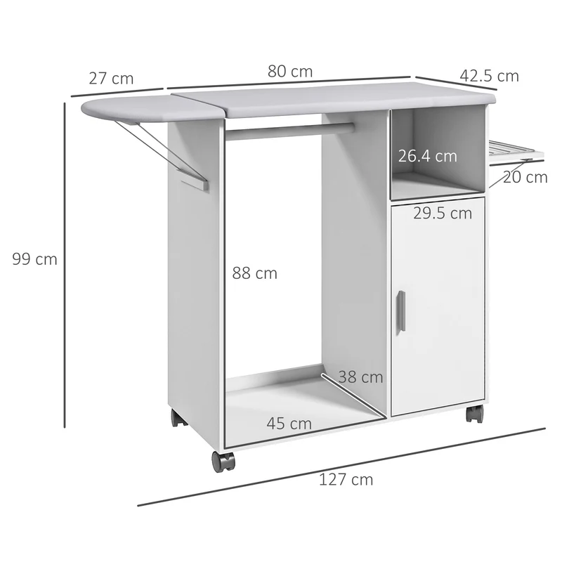Table à repasser mobile Easycomfort avec surface de support, 3 étagères cubiques et barre de maintien, 107 x 42,5 x 99 cm, blanche