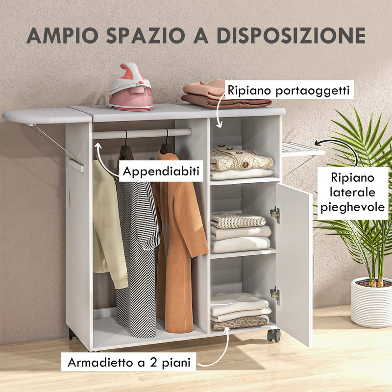 Table à repasser mobile Easycomfort avec surface de support, 3 étagères cubiques et barre de maintien, 107 x 42,5 x 99 cm, blanche