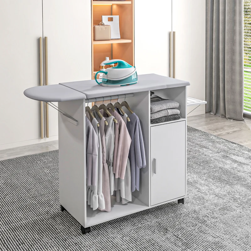 Table à repasser mobile Easycomfort avec surface de support, 3 étagères cubiques et barre de maintien, 107 x 42,5 x 99 cm, blanche