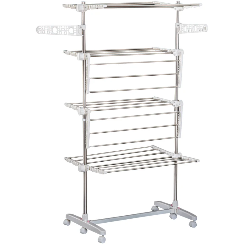 Étendoir à linge vertical pliable EasyComfort en acier et plastique avec 6 roulettes et 4 étagères réglables, 142 x 55 x 172 cm