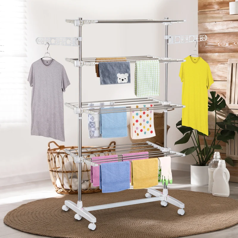 Étendoir à linge vertical pliable EasyComfort en acier et plastique avec 6 roulettes et 4 étagères réglables, 142 x 55 x 172 cm