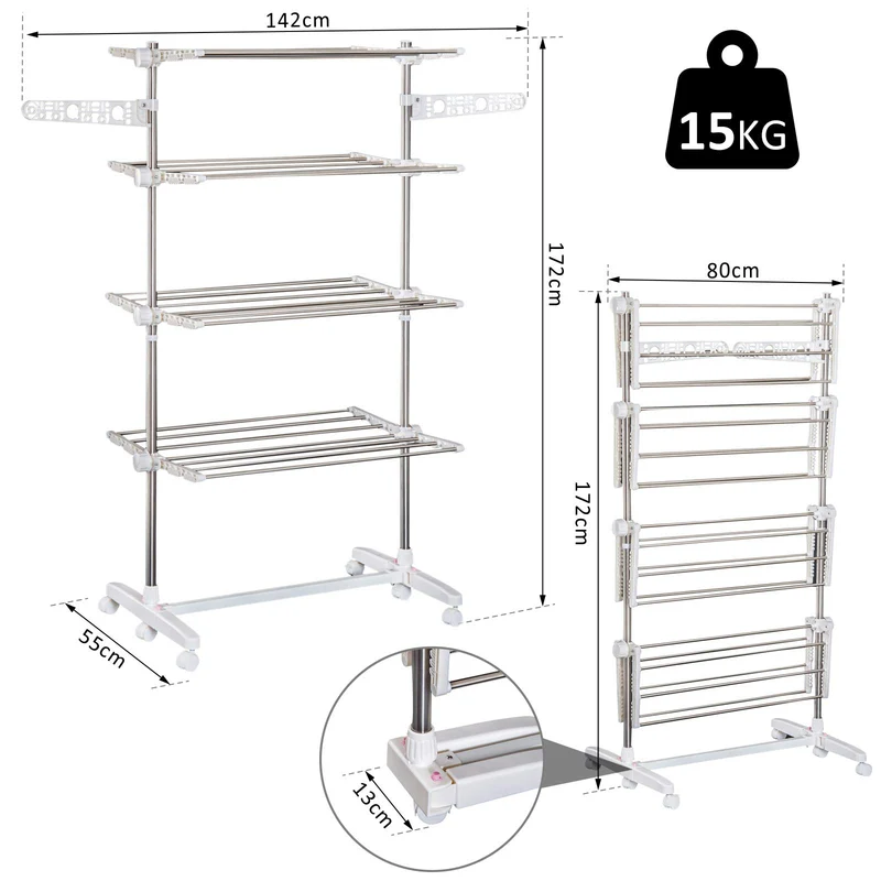 Étendoir à linge vertical pliable EasyComfort en acier et plastique avec 6 roulettes et 4 étagères réglables, 142 x 55 x 172 cm
