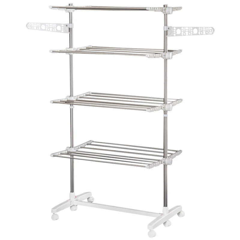 Étendoir à linge vertical pliable EasyComfort en acier et plastique avec 6 roulettes et 4 étagères réglables, 142 x 55 x 172 cm