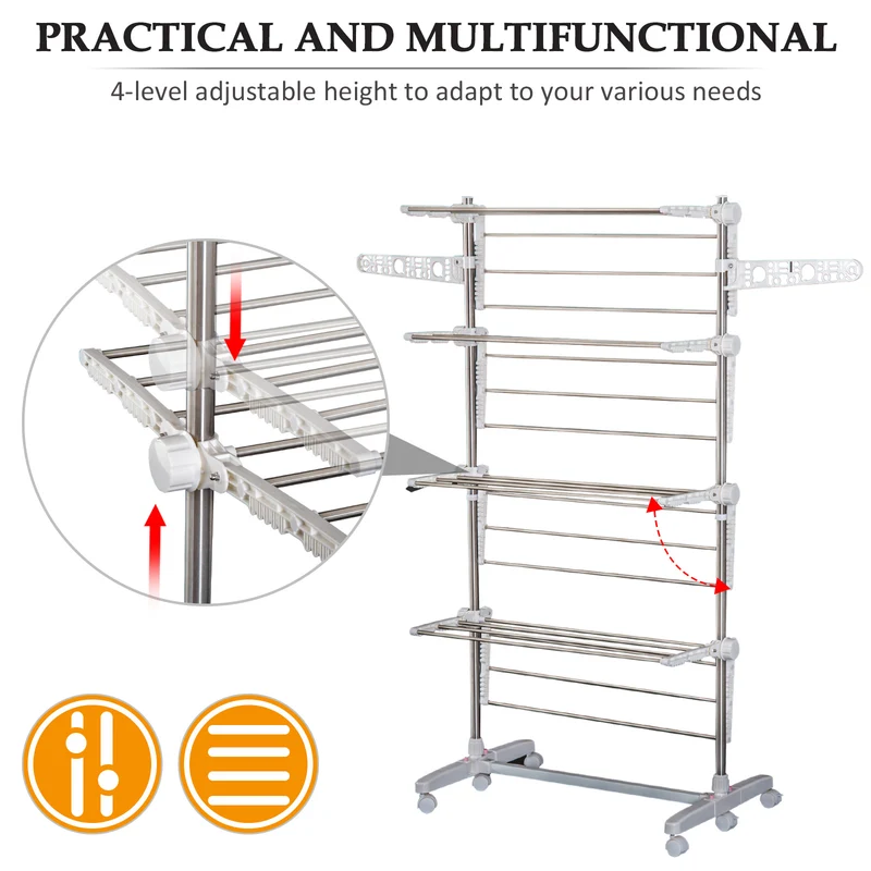 Étendoir à linge vertical pliable EasyComfort en acier et plastique avec 6 roulettes et 4 étagères réglables, 142 x 55 x 172 cm