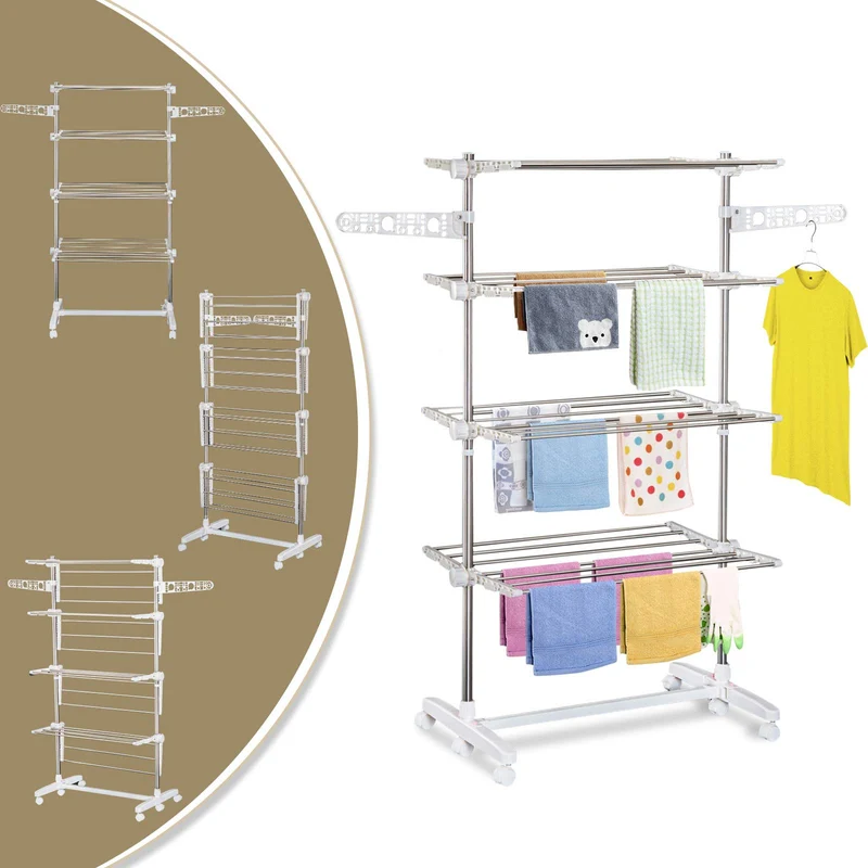 Étendoir à linge vertical pliable EasyComfort en acier et plastique avec 6 roulettes et 4 étagères réglables, 142 x 55 x 172 cm