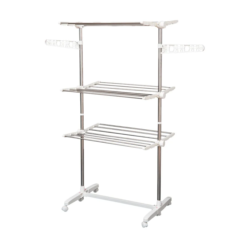 Étendoir à linge vertical pliable EasyComfort en acier et plastique avec 6 roulettes et 3 étagères réglables, 142 x 55 x 172 cm