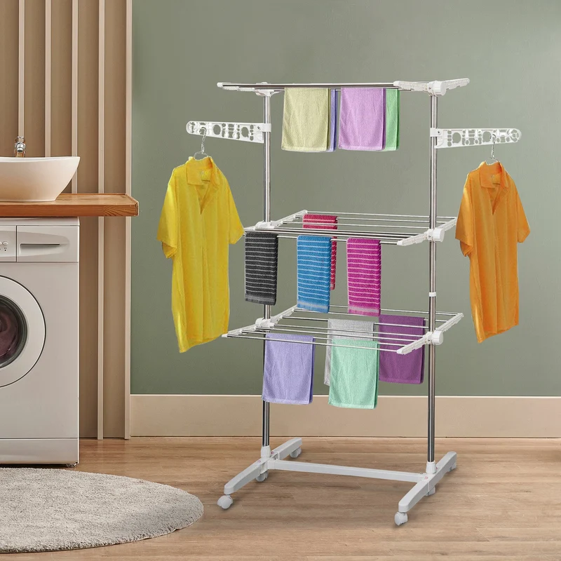 Étendoir à linge vertical pliable EasyComfort en acier et plastique avec 6 roulettes et 3 étagères réglables, 142 x 55 x 172 cm