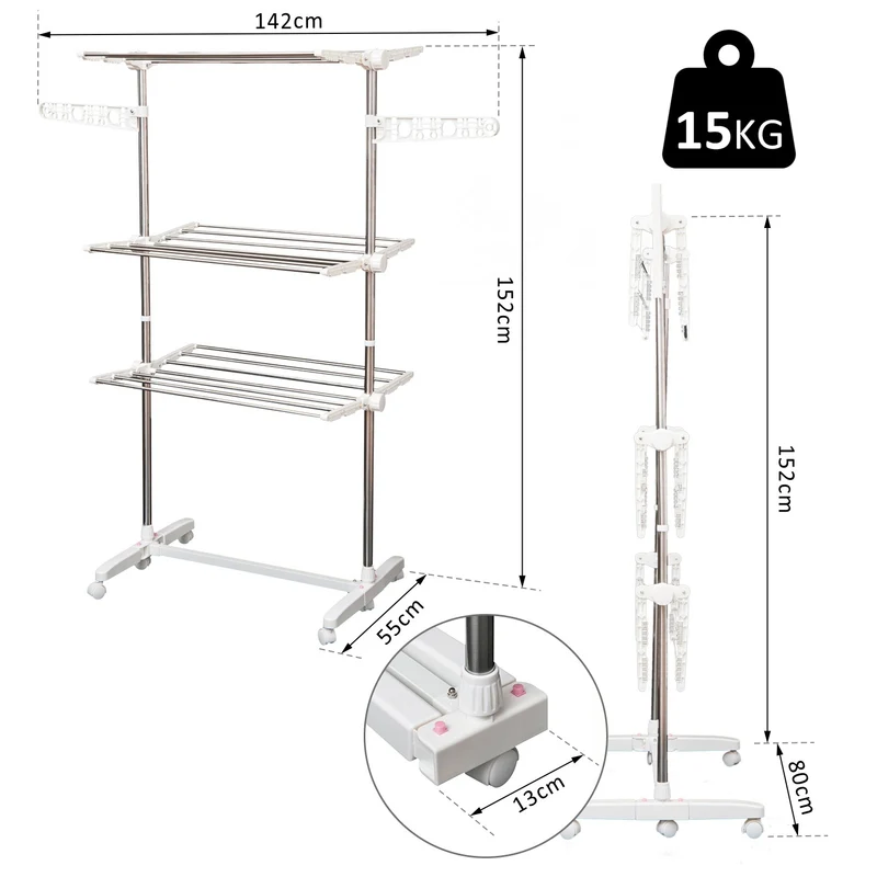 Étendoir à linge vertical pliable EasyComfort en acier et plastique avec 6 roulettes et 3 étagères réglables, 142 x 55 x 172 cm