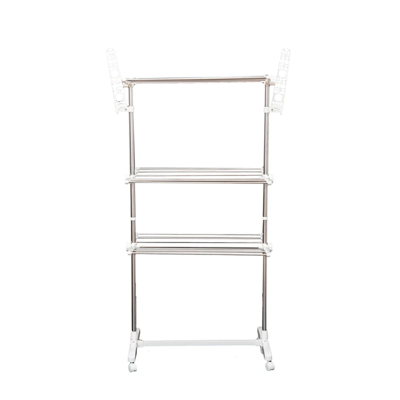 Étendoir à linge vertical pliable EasyComfort en acier et plastique avec 6 roulettes et 3 étagères réglables, 142 x 55 x 172 cm