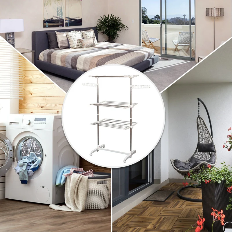 Étendoir à linge vertical pliable EasyComfort en acier et plastique avec 6 roulettes et 3 étagères réglables, 142 x 55 x 172 cm