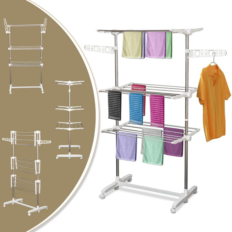 Étendoir à linge vertical pliable EasyComfort en acier et plastique avec 6 roulettes et 3 étagères réglables, 142 x 55 x 172 cm