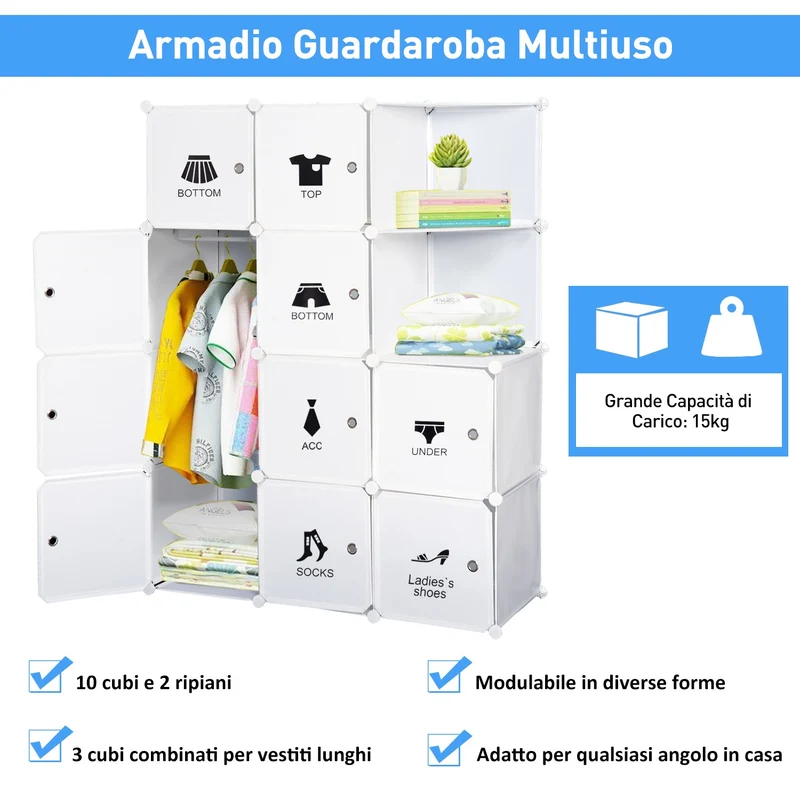 Armoire modulaire Easycomfort à 10 cubes, étagère à chaussures modulaire blanche, 111 × 47 × 145 cm