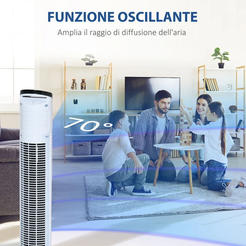 Ventilateur colonne Easycomfort avec télécommande de 5 m, oscillation à 70°, 3 fonctions et 3 vitesses, affichage LED et minuterie de 7,5 h, 50 W, 20 x 78,5 cm