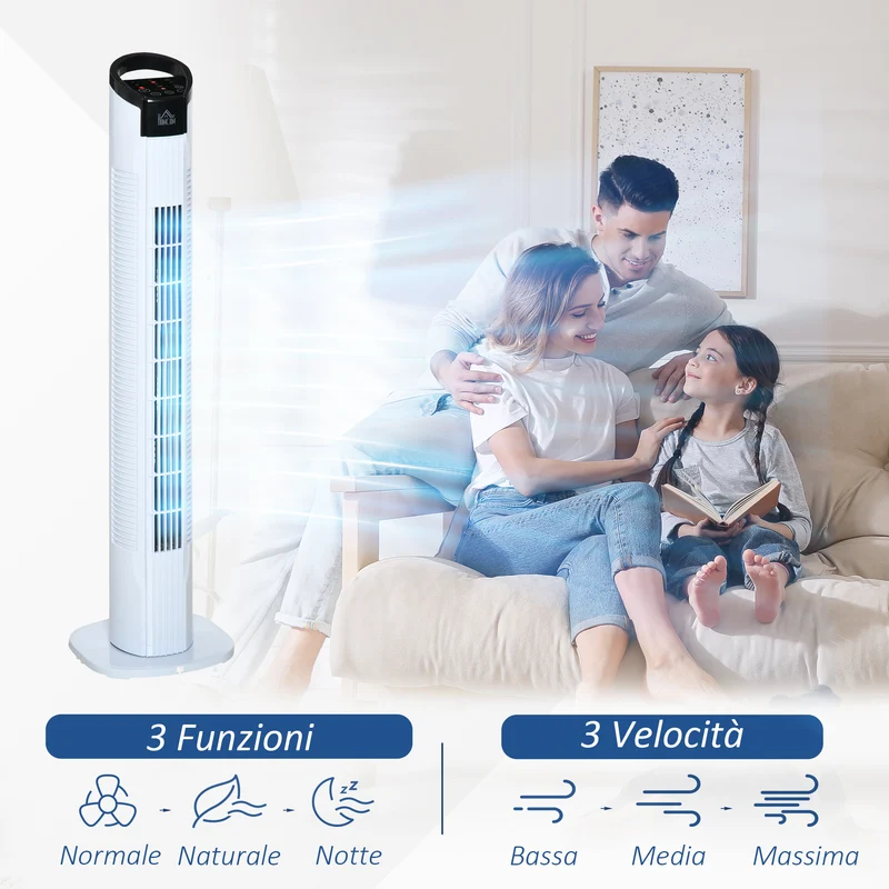 Ventilateur colonne Easycomfort avec télécommande de 5 m, oscillation à 70°, 3 fonctions et 3 vitesses, affichage LED et minuterie de 7,5 h, 50 W, 20 x 78,5 cm
