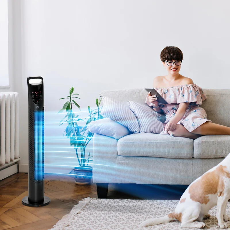 Ventilateur colonne Easycomfort avec télécommande jusqu'à 5 m, oscillation à 70°, 3 modes et 3 vitesses, minuterie 7,5 h, 40 W, noir, 18 x 78,5 cm
