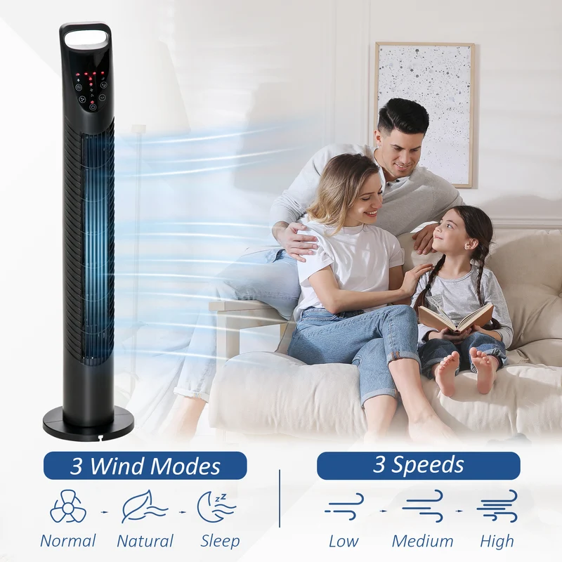 Ventilateur colonne Easycomfort avec télécommande jusqu'à 5 m, oscillation à 70°, 3 modes et 3 vitesses, minuterie 7,5 h, 40 W, noir, 18 x 78,5 cm