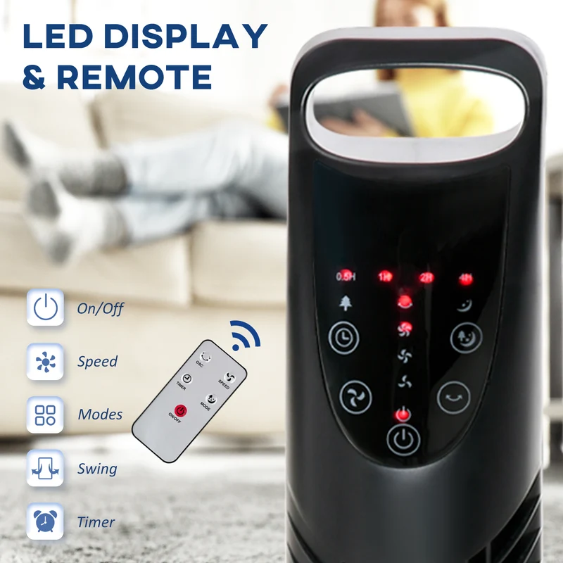 Ventilateur colonne Easycomfort avec télécommande jusqu'à 5 m, oscillation à 70°, 3 modes et 3 vitesses, minuterie 7,5 h, 40 W, noir, 18 x 78,5 cm