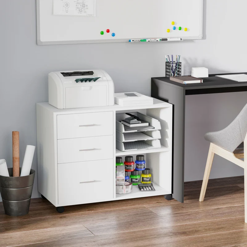 Mobilier de bureau multifonctionnel EasyComfort avec étagères et tiroirs en bois - Blanc