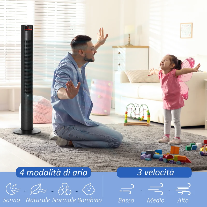 Ventilateur colonne Easycomfort à 3 vitesses et 4 modes, minuterie 12 heures, panneau LED et télécommande, noir
