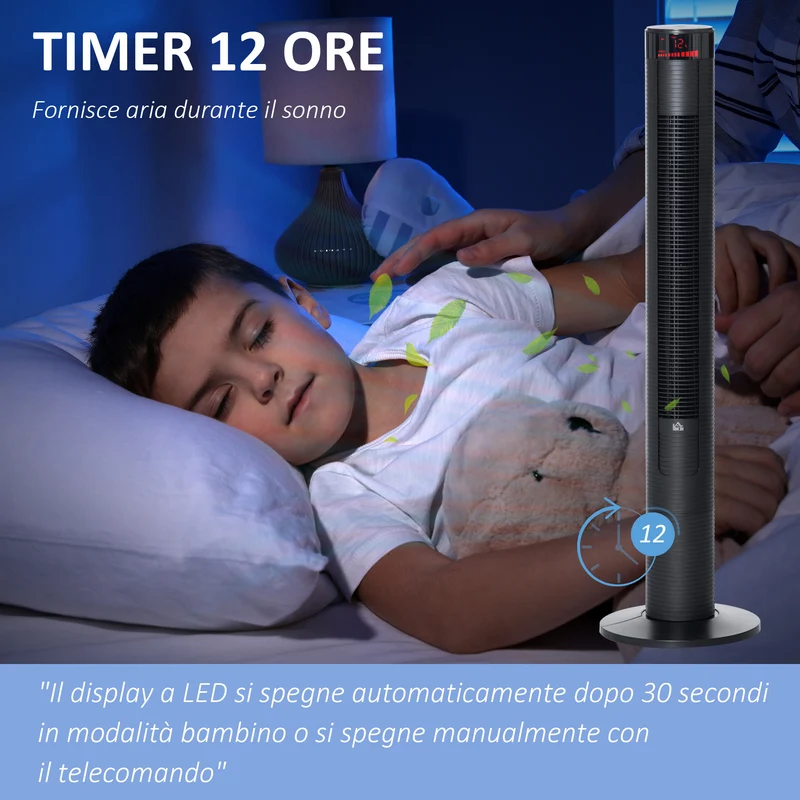 Ventilateur colonne Easycomfort à 3 vitesses et 4 modes, minuterie 12 heures, panneau LED et télécommande, noir