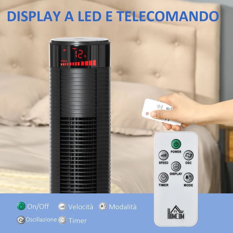 Ventilateur colonne Easycomfort à 3 vitesses et 4 modes, minuterie 12 heures, panneau LED et télécommande, noir
