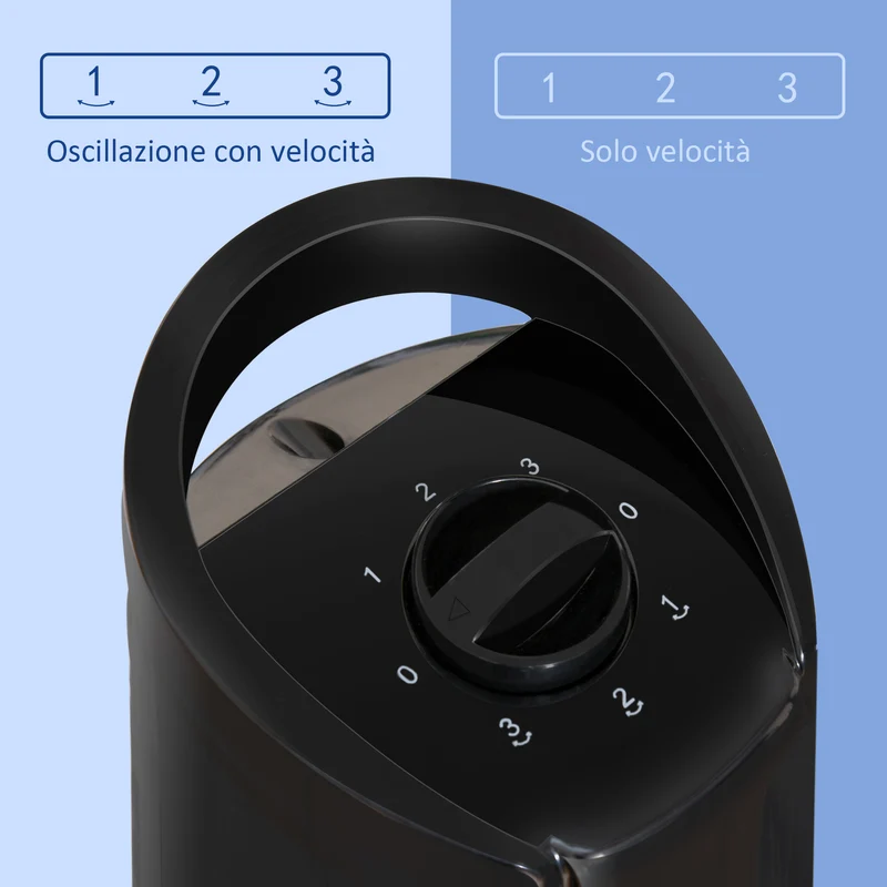 Ventilateur colonne moderne Easycomfort à 3 vitesses et oscillation à 70°, avec pied rond et poignée, puissance 50 W, en polypropylène, Ø 20 x 78,5 cm, noir
