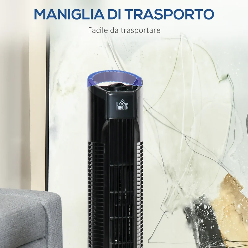 Ventilateur colonne moderne Easycomfort à 3 vitesses et oscillation à 70°, avec pied rond et poignée, puissance 50 W, en polypropylène, Ø 20 x 78,5 cm, noir