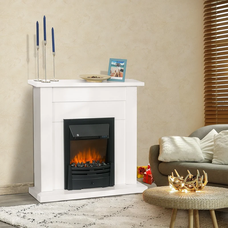 Cheminée électrique EASYCOMFORT 1000/2000 W à effet flamme, avec 5 niveaux d'intensité LED et télécommande, blanche