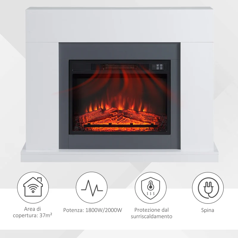 Cheminée électrique murale EASYCOMFORT avec effet flamme LED et minuterie, surface de couverture de 37 m², 2000 W - Blanc