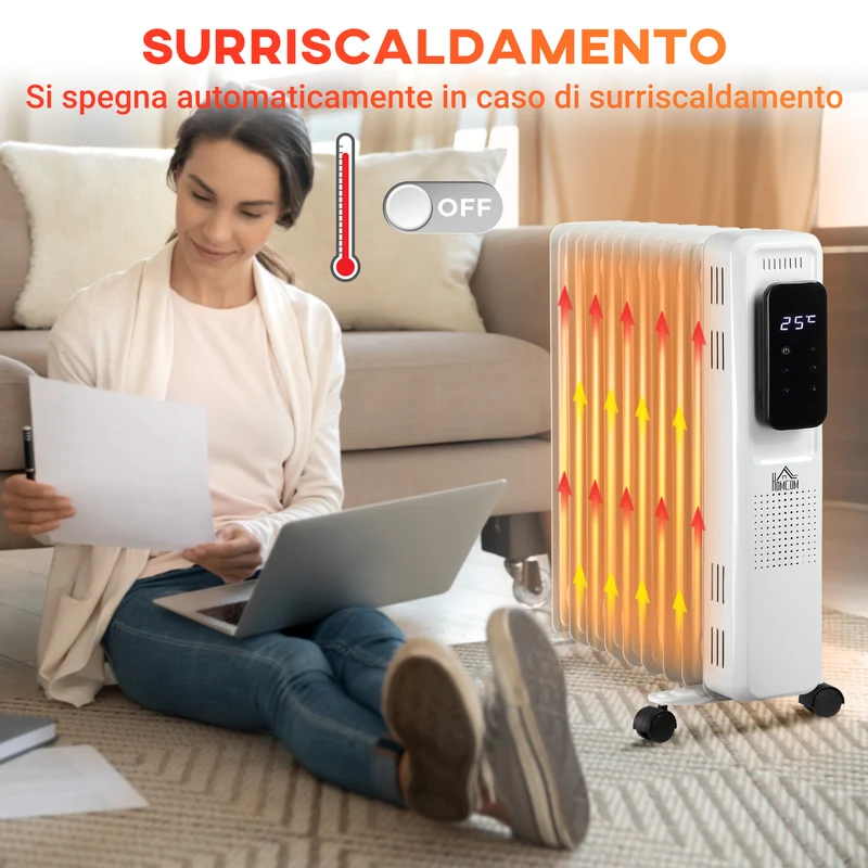 Radiateur à bain d'huile Easycomfort à 9 éléments, 3 niveaux de chauffage et minuterie, 42,5 x 24 x 63 cm, blanc