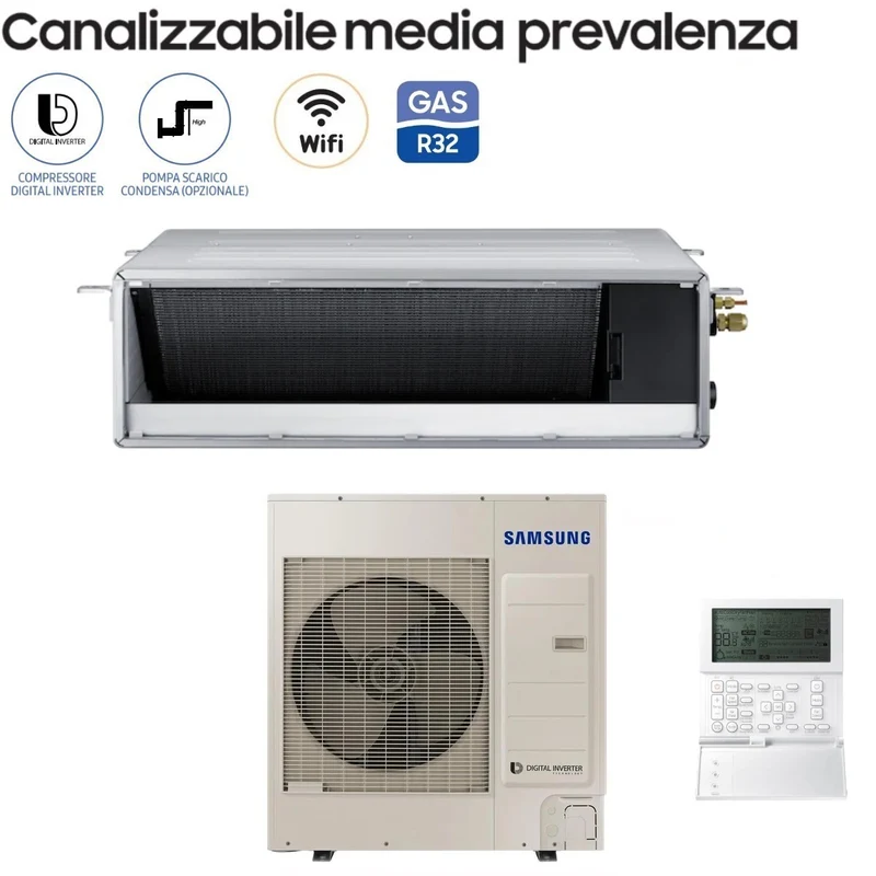 Climatiseur gainable Samsung Inverter, puissance moyenne 36 000 BTU, AC100RNMDKG/EU, triphasé R-32, classe A+/A+, avec télécommande filaire incluse - Neuf