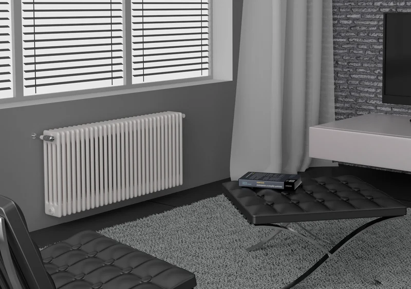 Radiateur complet en acier Cordivari ARDESIA 4 colonnes, de 3 à 16 éléments, entraxe 1944 mm, hauteur 2000 mm, avec capuchons et réducteurs inclus.