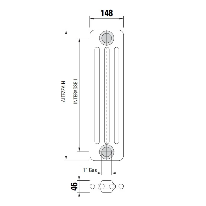 Radiateur complet en acier Cordivari ARDESIA 4 colonnes, de 3 à 16 éléments, entraxe 1944 mm, hauteur 2000 mm, avec capuchons et réducteurs inclus.