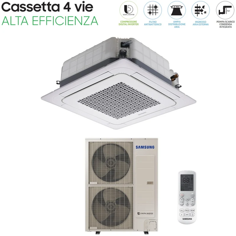 Climatiseur cassette Inverter Samsung haute efficacité 36 000 BTU AC100JN4CEH monophasé R-410 avec Wi-Fi en option, télécommande et panneau inclus.