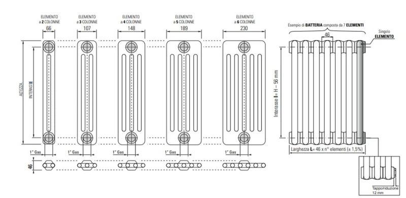 Batterie de radiateurs complète Cordivari Ardesia 3 colonnes, tubulaire en acier, de 3 à 24 éléments, hauteur 856 mm, entraxe 800 mm, bouchons et réducteurs inclus