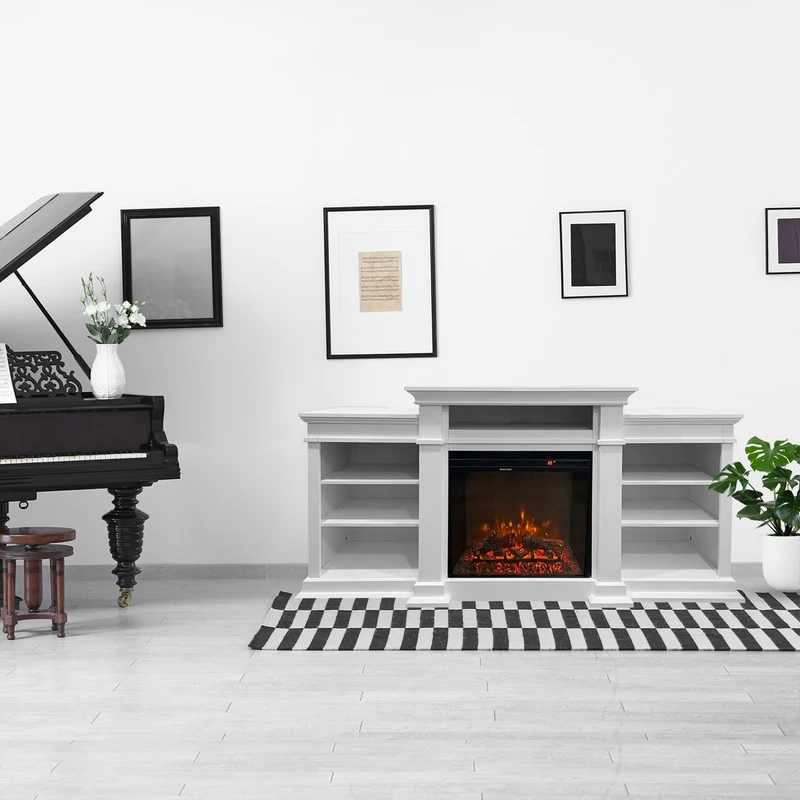 Cheminée électrique BIDEN sur pied en bois blanc L179 x P48 x H85