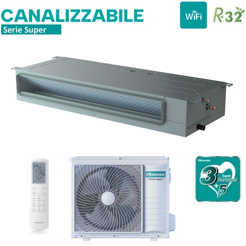 Climatiseur gainable Hisense Inverter série SUPER 18 000 BTU ADT52UX4RCL8 + AUW52U4RS7 R-32 Wi-Fi en option Classe énergétique A++/A+ avec télécommande incluse